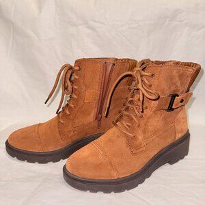 Clarks Calla Dance Dark Tan Suede Combat Boots - Side Zip - Size 6.5